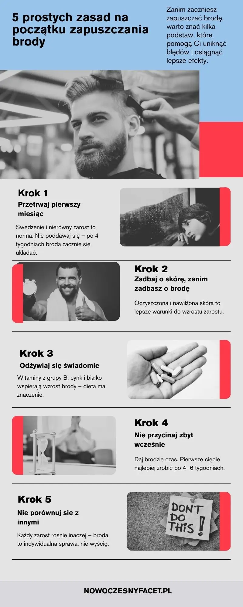 Infografika przedstawiająca 5 praktycznych wskazówek dla mężczyzn, którzy chcą skutecznie zapuścić brodę – od cierpliwości i pielęgnacji po dietę i stylizację.