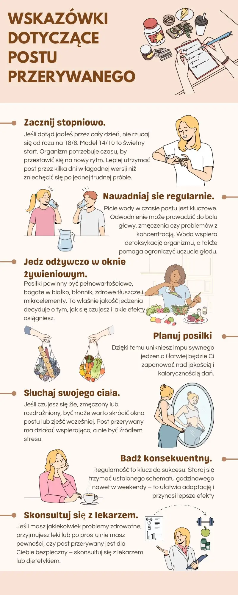 infografika-wskazowki-post-przerywany Infografika z praktycznymi wskazówkami do postu przerywanego – jak zacząć, co pić, czego unikać i jak wspierać organizm podczas postu