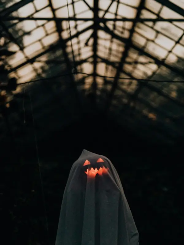 Dynie z wyciętymi twarzami Jack-o’-lantern podczas obchodów Halloween, święta duchów 31 października