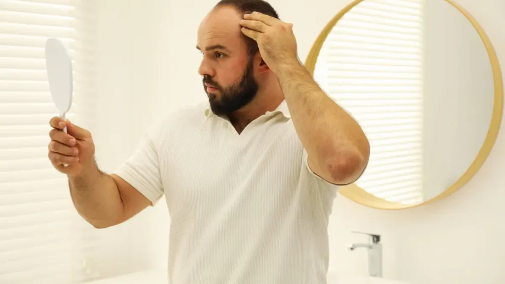 mężczyzna z zakolami sprawdzający włosy w lustrze palma sabałowa na włosy efekty