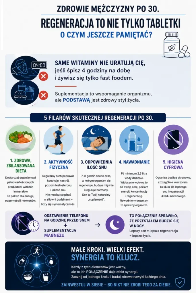 Infografika pokazująca że regeneracja po 30 roku życia to nie tylko suplementy, ale także sen, dieta i aktywność fizyczna