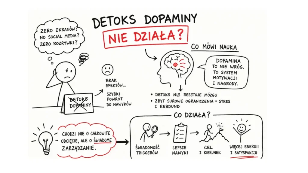 Grafika ilustruje, że „detoks dopaminowy” nie resetuje mózgu, a skuteczniejszym rozwiązaniem jest świadome ograniczanie nawyków i budowanie zdrowych rutyn zgodnie z aktualną wiedzą naukową.