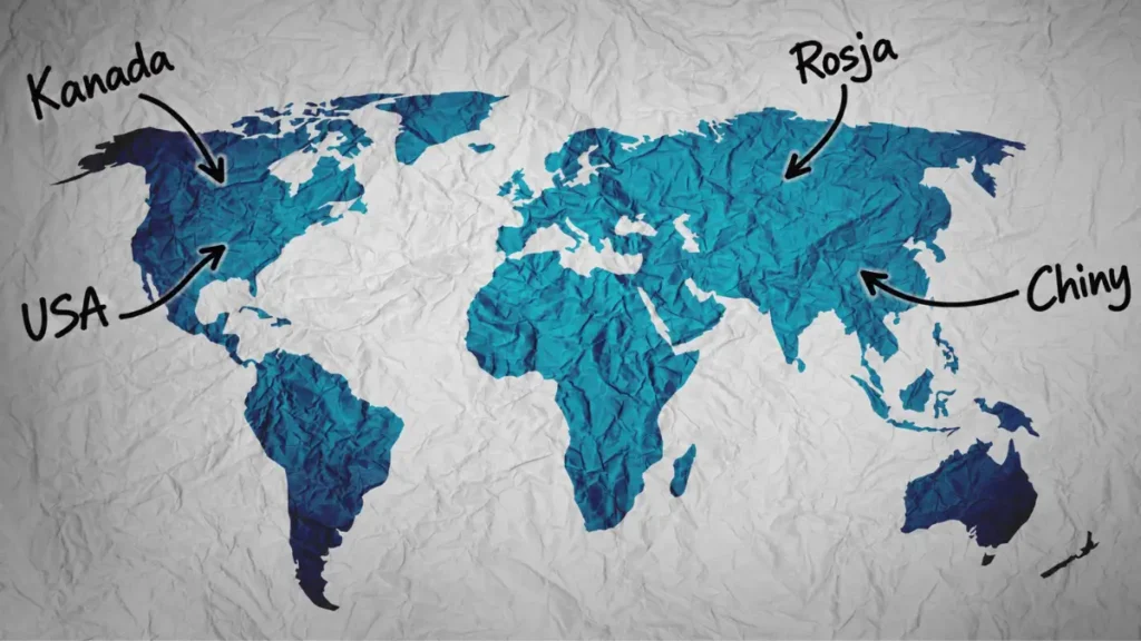 Mapa świata z podpisami Rosji, Kanady, Chin i USA oraz strzałkami wskazującymi ich położenie